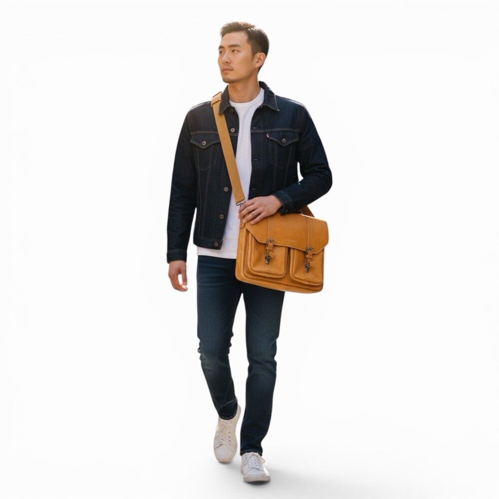 KENNETH COLE New York Tan Leather Messenger Laptop Travel Shoulder Bag Brief Vtg